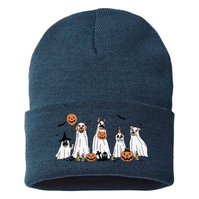 Dog Ghost Cute Dog Dressed As Ghost Funny Halloween Dog Sustainable Knit Beanie