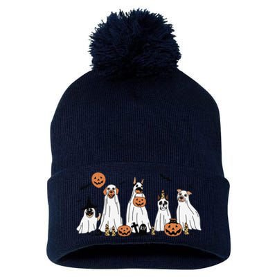 Dog Ghost Cute Dog Dressed As Ghost Funny Halloween Dog Pom Pom 12in Knit Beanie