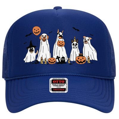 Dog Ghost Cute Dog Dressed As Ghost Funny Halloween Dog High Crown Mesh Back Trucker Hat