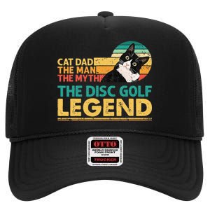 Disc Golf Cat The Disc Golf Legend Outfit Retro Sunset High Crown Mesh Back Trucker Hat