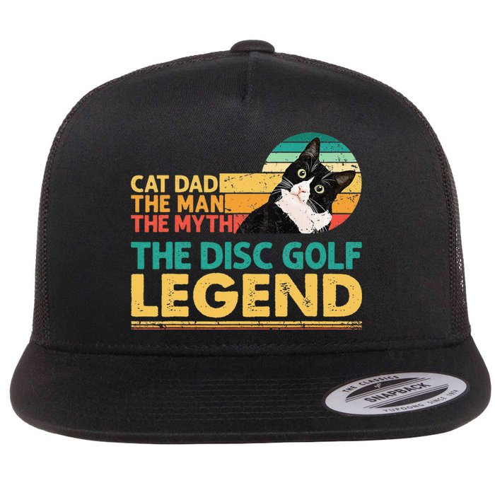 Disc Golf Cat The Disc Golf Legend Outfit Retro Sunset Flat Bill Trucker Hat