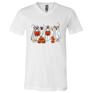 Dog Ghost Cute Dog Dressed As Ghost Funny Halloween Dog V-Neck T-Shirt