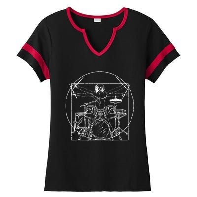 Drummer Gift Da Vinci Drums Drawing Present for Music Fans Ladies Halftime Notch Neck Tee