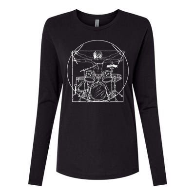 Drummer Gift Da Vinci Drums Drawing Present for Music Fans Womens Cotton Relaxed Long Sleeve T-Shirt