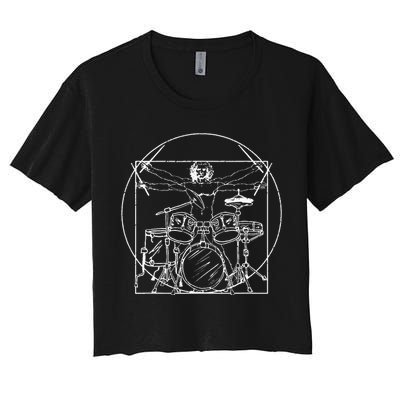 Drummer Gift Da Vinci Drums Drawing Present for Music Fans Women's Crop Top Tee