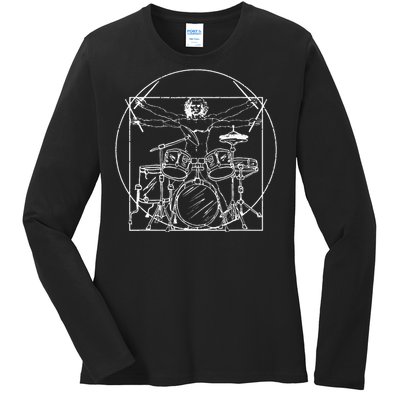 Drummer Gift Da Vinci Drums Drawing Present for Music Fans Ladies Long Sleeve Shirt