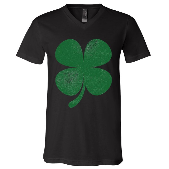 Distressed Green Four Leaf Clover Saint Patrick's Day Lover V-Neck T-Shirt