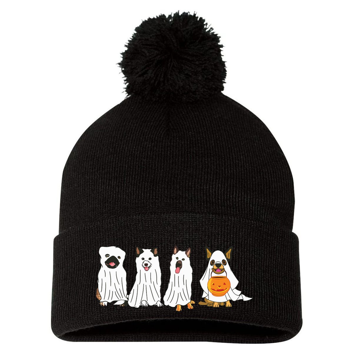 Dog Ghost Funny Halloween Mummy Dog Lover Matching Family Pom Pom 12in Knit Beanie
