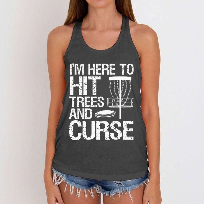 Disc Golf Funny Hit Trees and Curse Retro Disc Golf Women's Knotted Racerback Tank