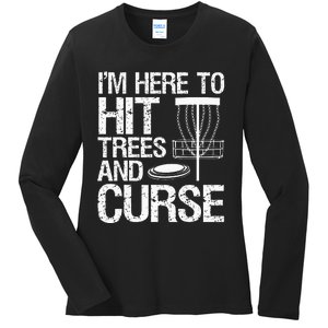 Disc Golf Funny Hit Trees and Curse Retro Disc Golf Ladies Long Sleeve Shirt