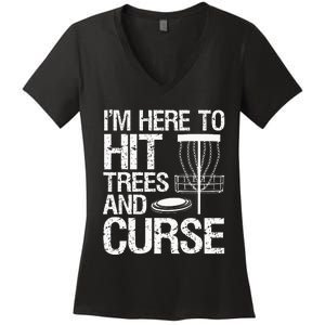 Disc Golf Funny Hit Trees and Curse Retro Disc Golf Women's V-Neck T-Shirt