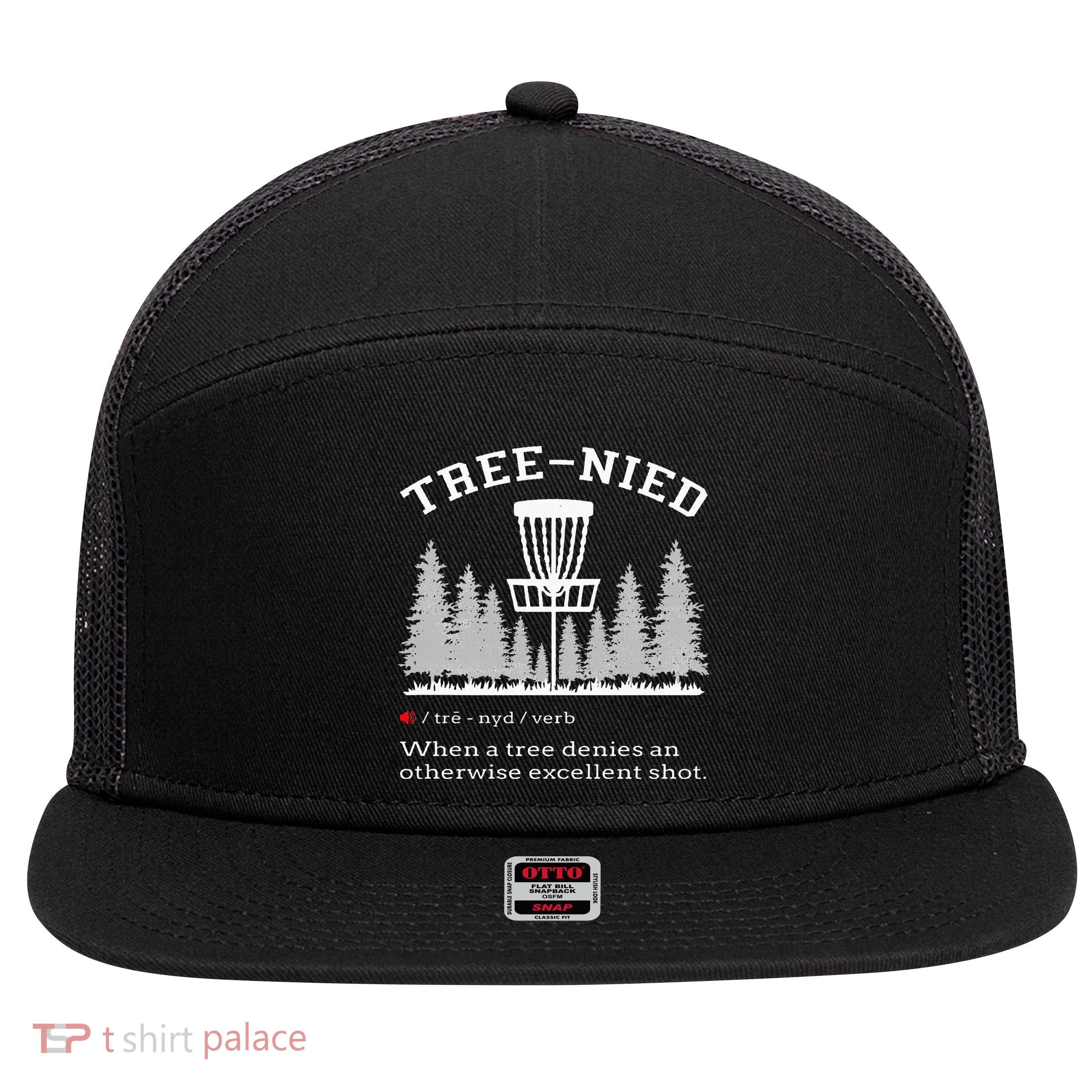Disc Golf Funny Stupid Tree Treenied IV 7 Panel Mesh Trucker Snapback Hat