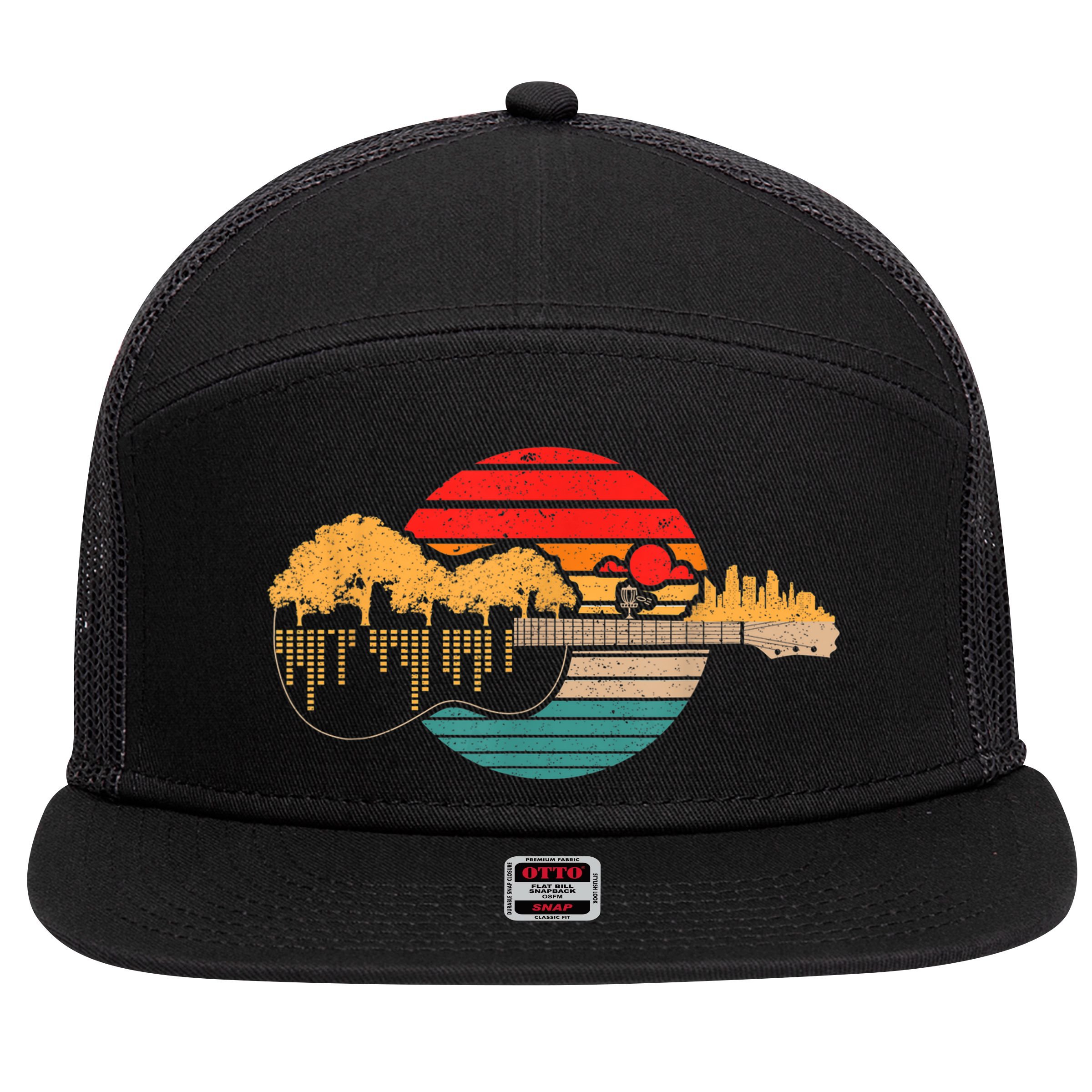 Disc Golf Flying Disc - Disc Golf Sunset Guitar 7 Panel Mesh Trucker Snapback Hat