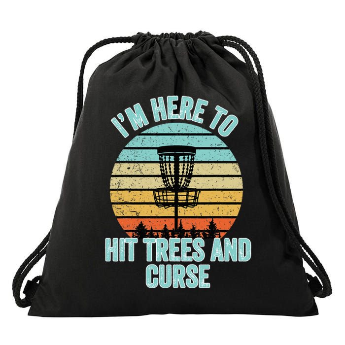 Disc Golf Funny Hit Trees And Curse Retro Disc Golf Drawstring Bag