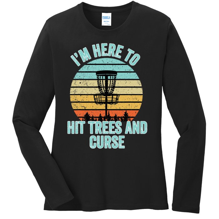 Disc Golf Funny Hit Trees And Curse Retro Disc Golf Ladies Long Sleeve Shirt