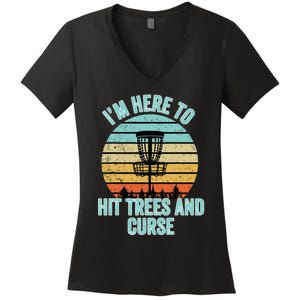 Disc Golf Funny Hit Trees And Curse Retro Disc Golf Women's V-Neck T-Shirt