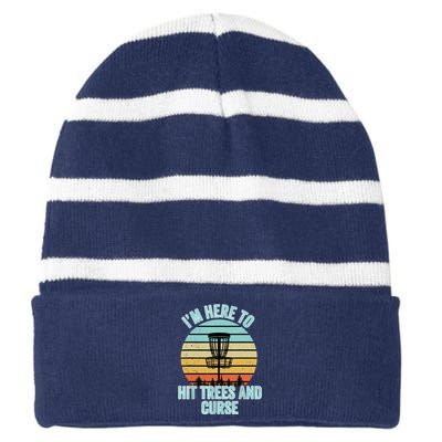 Disc Golf Funny Hit Trees And Curse Retro Disc Golf Gi T Striped Beanie with Solid Band