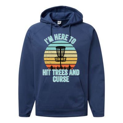 Disc Golf Funny Hit Trees And Curse Retro Disc Golf Gi T Performance Fleece Hoodie