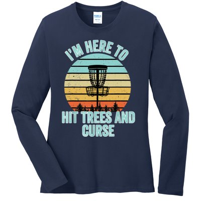 Disc Golf Funny Hit Trees And Curse Retro Disc Golf Gi T Ladies Long Sleeve Shirt