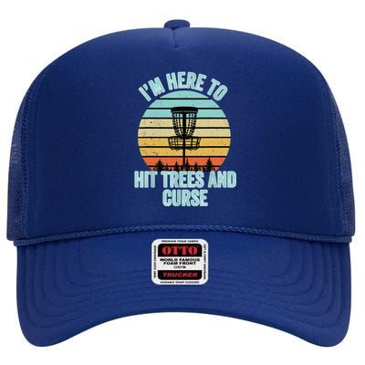 Disc Golf Funny Hit Trees And Curse Retro Disc Golf Gi T High Crown Mesh Back Trucker Hat