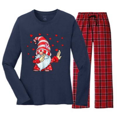 Dabbing Gnomes Heart Happy Valentines Day Couple Gifts Women's Long Sleeve Flannel Pajama Set 