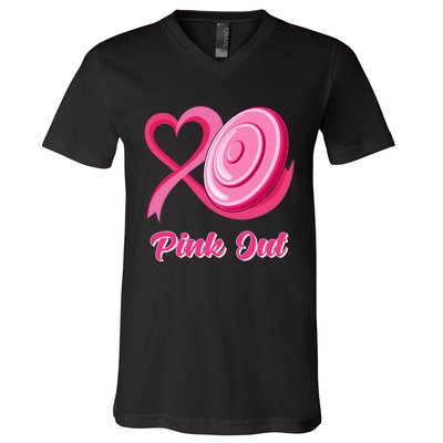 Disc Golf Heart Ribbon Pink Out Breast Cancer Awareness V-Neck T-Shirt