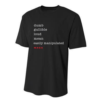 Dumb Gullible Loud Mean Easily Manipulated Maga Youth Performance Sprint T-Shirt
