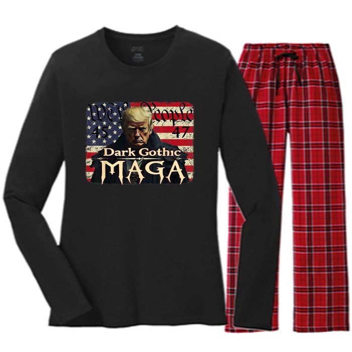 Dark Gothic Maga Trump 2024 For President Vote Trump 45 47 Women's Long Sleeve Flannel Pajama Set 