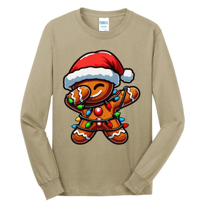 Dabbing Gingerbread Man Christmas Tree Light Xmas Family Tall Long Sleeve T-Shirt