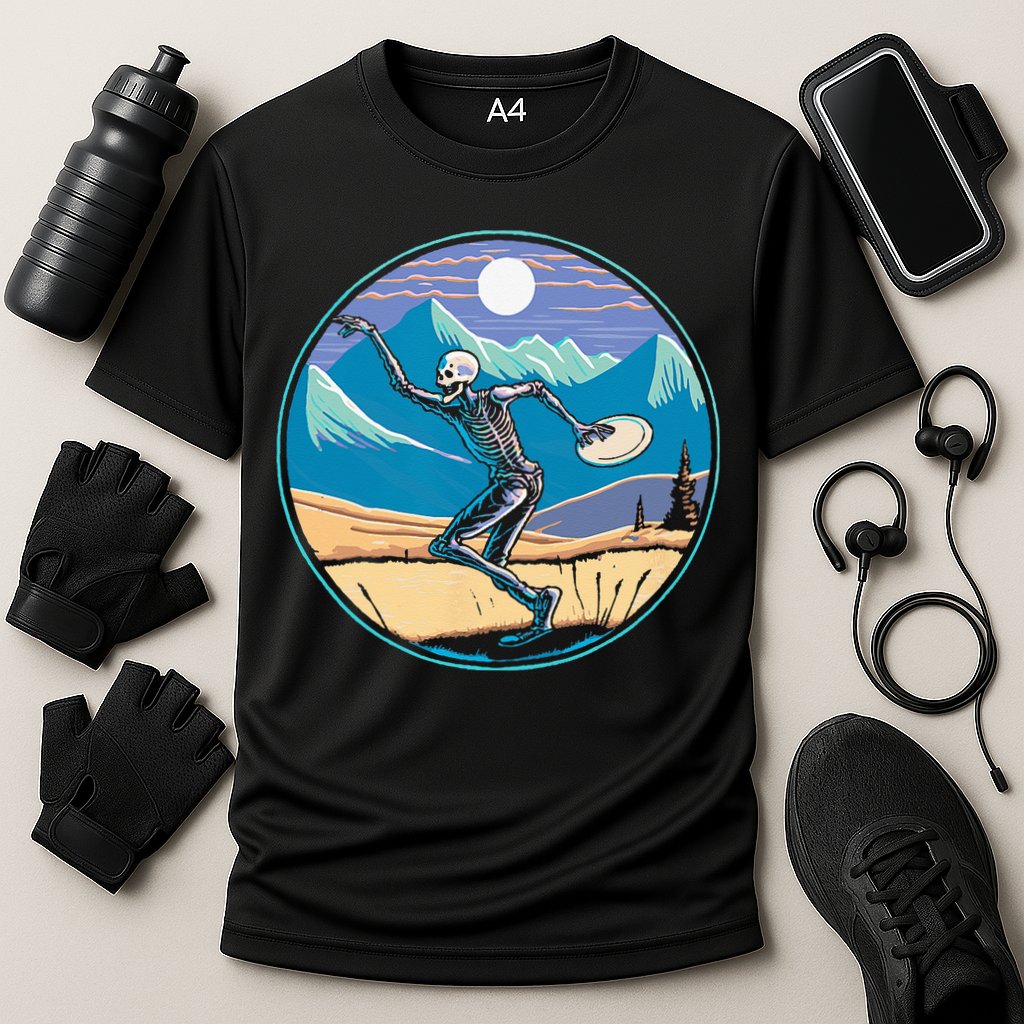 Disc Golf Player Skeleton Disc Golfer Funny Outdoor Nature Cooling Performance Crew T-Shirt