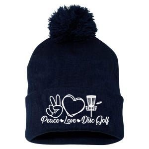 Disc Golfing Peace Love Disc Golf Pom Pom 12in Knit Beanie