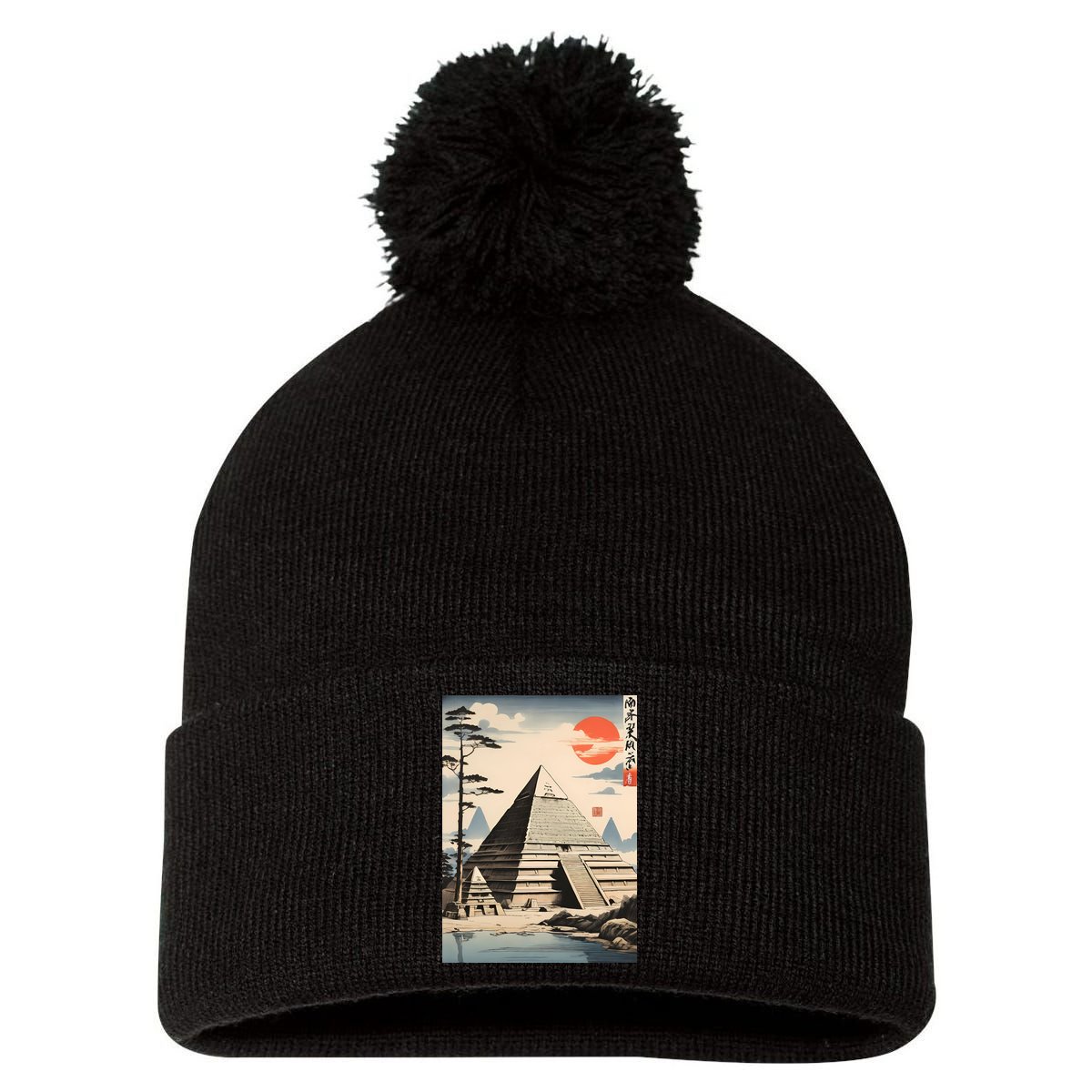 Drawing Giza Pyramid Japanes Style Pom Pom 12in Knit Beanie