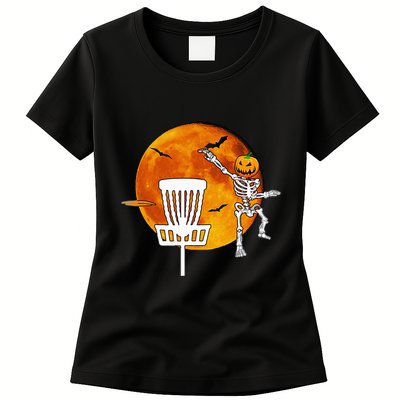 Disc Golf Player Lover Funny Halloween Pumpkin Skeleton Womens T-Shirt