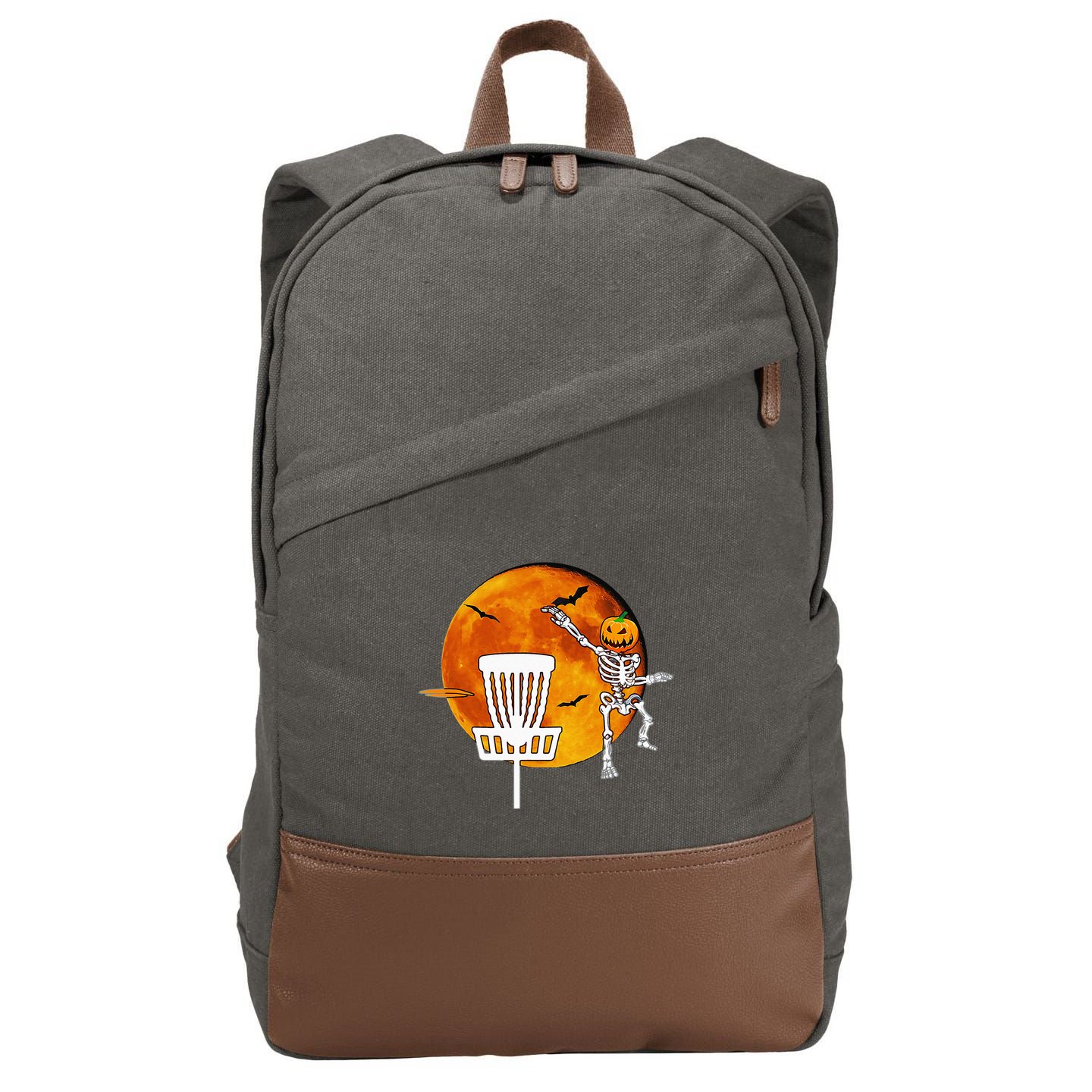Disc Golf Player Lover Funny Halloween Pumpkin Skeleton Cotton Canvas Backpack