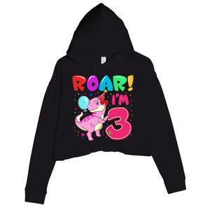 Dinosaur Girl Roar Im 3 Year Old 3rd Birthday Party Crop Fleece Hoodie