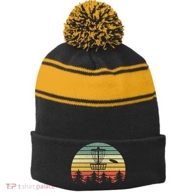 Disc Golf Retro Vintage Frisbee Design Stripe Pom Pom Beanie