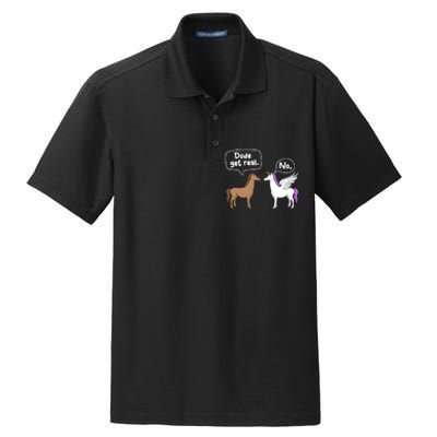 Dude Get Real Mythical Animal Rainbow Unicorn Magical Dry Zone Grid Polo