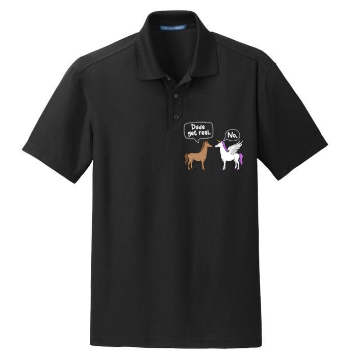 Dude Get Real Mythical Animal Rainbow Unicorn Magical Dry Zone Grid Polo