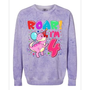 Dinosaur Girl Roar Im 4 Year Old 4th Birthday Party Colorblast Crewneck Sweatshirt