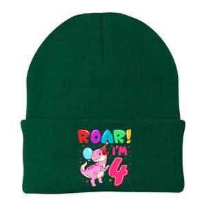 Dinosaur Girl Roar Im 4 Year Old 4th Birthday Party Knit Cap Winter Beanie