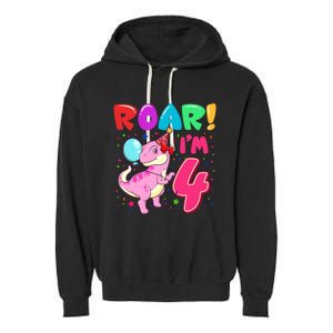 Dinosaur Girl Roar Im 4 Year Old 4th Birthday Party Garment-Dyed Fleece Hoodie