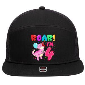 Dinosaur Girl Roar Im 4 Year Old 4th Birthday Party 7 Panel Mesh Trucker Snapback Hat