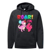 Dinosaur Girl Roar Im 4 Year Old 4th Birthday Party Performance Fleece Hoodie