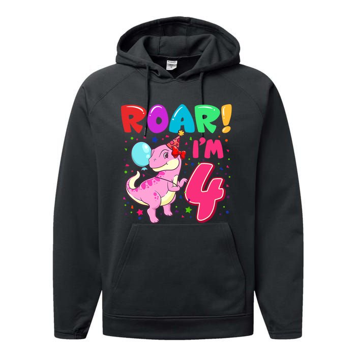 Dinosaur Girl Roar Im 4 Year Old 4th Birthday Party Performance Fleece Hoodie