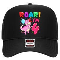 Dinosaur Girl Roar Im 4 Year Old 4th Birthday Party High Crown Mesh Back Trucker Hat