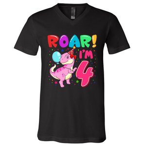 Dinosaur Girl Roar Im 4 Year Old 4th Birthday Party V-Neck T-Shirt