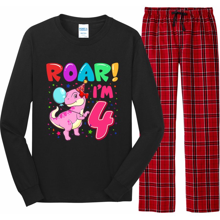 Dinosaur Girl Roar Im 4 Year Old 4th Birthday Party Long Sleeve Pajama Set