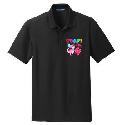 Dinosaur Girl Roar Im 4 Year Old 4th Birthday Party Dry Zone Grid Polo