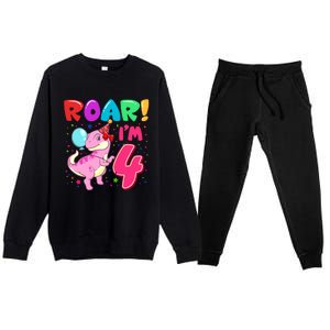 Dinosaur Girl Roar Im 4 Year Old 4th Birthday Party Premium Crewneck Sweatsuit Set