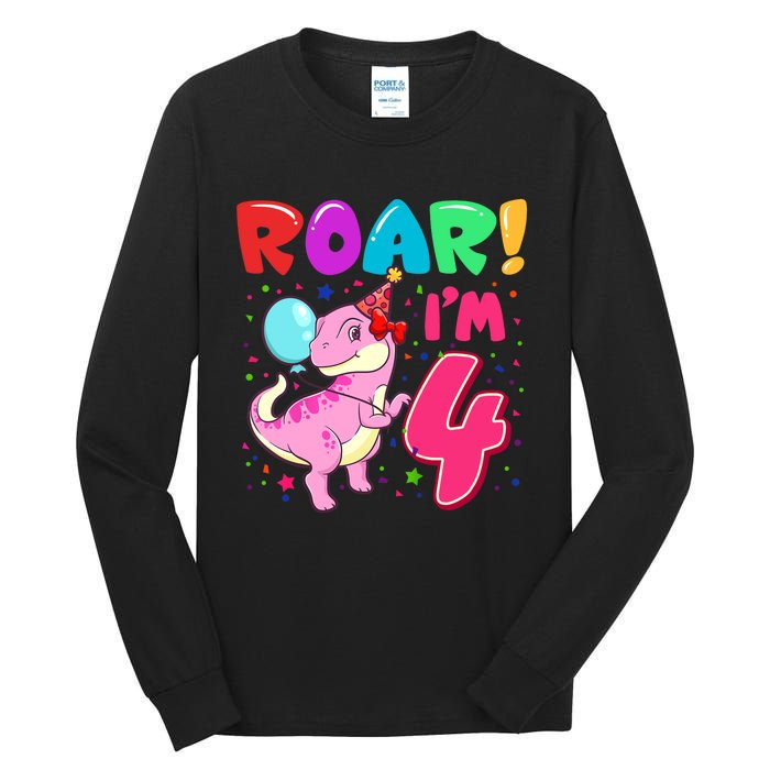 Dinosaur Girl Roar Im 4 Year Old 4th Birthday Party Tall Long Sleeve T-Shirt